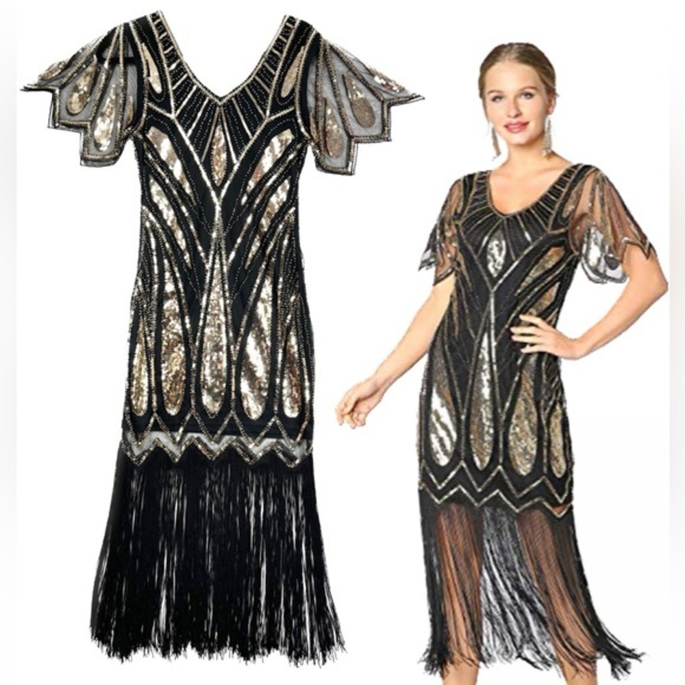 Black 1920s Vintage Sequin Costume Halloween Fringe Great Gatsby Flapper Dress